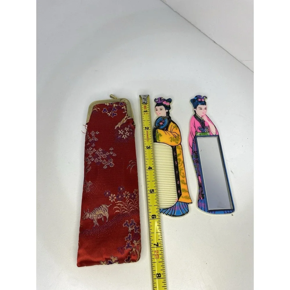 Vintage Geisha Girls Painted‎ Comb & Mirror Set Hong Kong Collectible Vanity Art